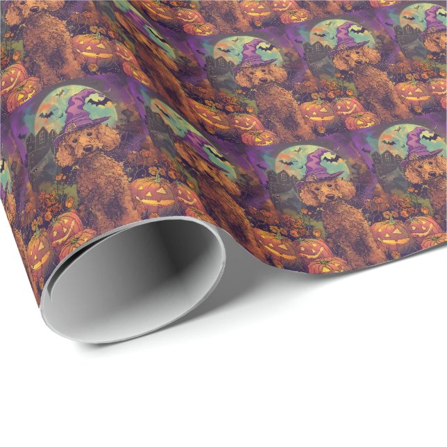 Papier Cadeau Éffrayant Poodle Chien Halloween sorcière et Citro (Coin rond)