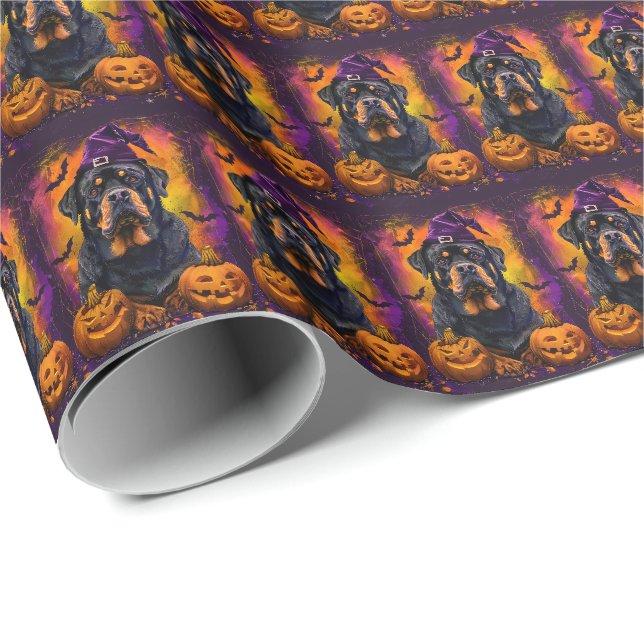 Papier Cadeau Éffrayant Rottweiler Chien Halloween sorcière et C (Coin rond)