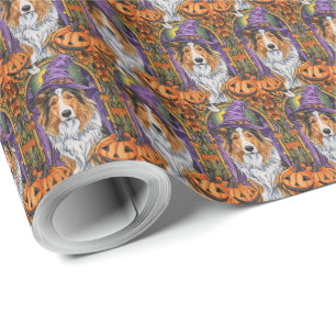 Papier Cadeau Éffrayant Rough Collie Chien Halloween Citrouille 