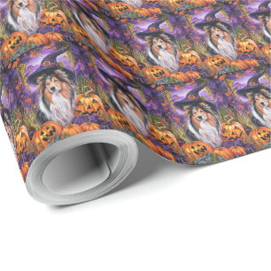 Papier Cadeau Éffrayant Shetland Sheepdog Citrouille de sorcière