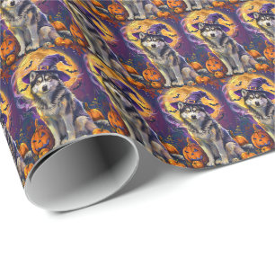 Papier Cadeau Éffrayant Sibérie Husky Chien Halloween Citrouille