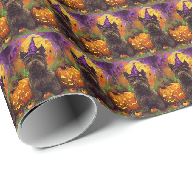 Papier Cadeau Éffrayant Skye Terrier Chien Halloween Citrouille  (Coin rond)