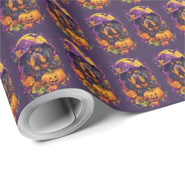 Papier Cadeau Éffrayant Tibétain Mastiff Chien Halloween Citroui (Coin rond)