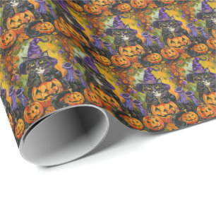 Papier Cadeau Éffrayant Tuxedo Chat Halloween Sorcière Et Citrou