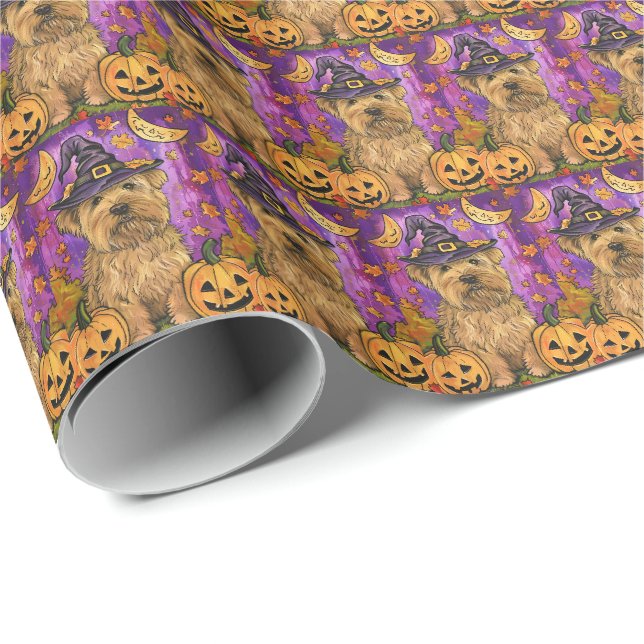 Papier Cadeau Éffrayant Wheaten Terrier Chien Halloween Citrouil (Coin rond)
