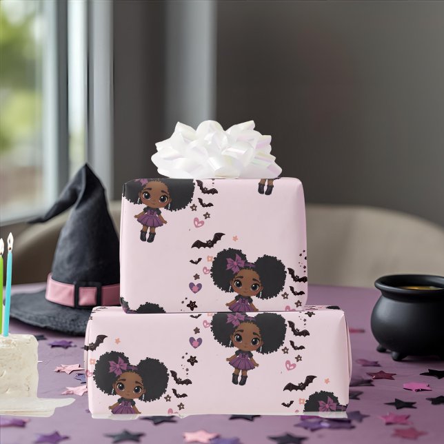 Papier Cadeau Éffrayante mignonne fille mauve motif afro-puff (Spooky cute purple girl afro-puff pattern wrapping paper)