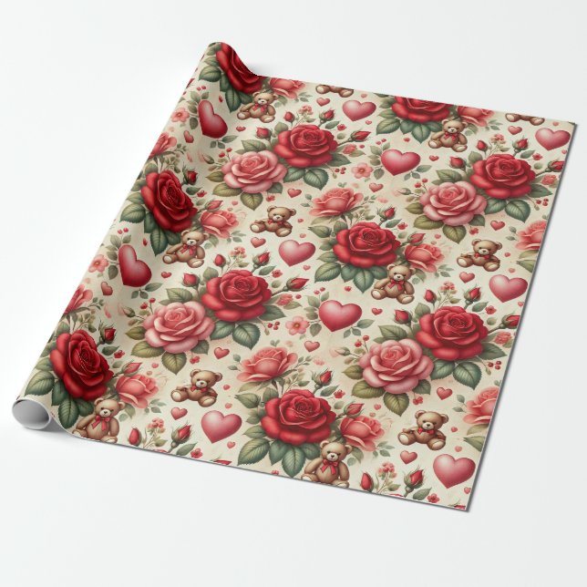 Papier Cadeau Élégance romantique : Roses et coeurs (Déroulé)
