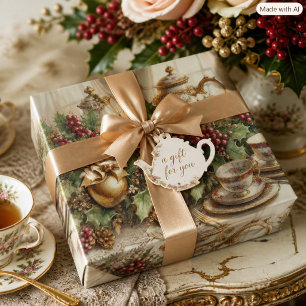 Papier Cadeau Élégance Vintage Théière Florale Dorée pour Fête d