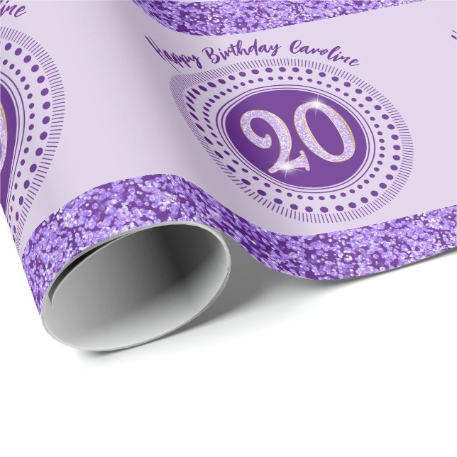 Papier Cadeau Elegant 20th Birthday Purple Glitter with Stripes (Coin rond)