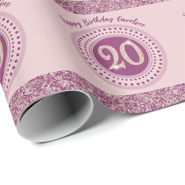Papier Cadeau Elegant 20th Birthday Rose Gold Glitter & Stripes (Coin rond)