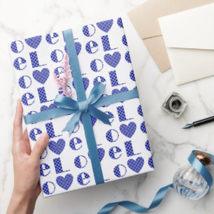 Papier Cadeau Élégant À damiers Royal Blue Love Hearts Motif