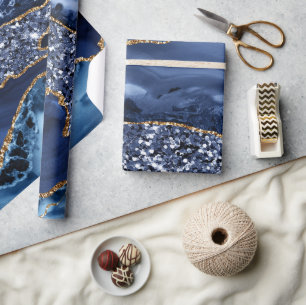 Papier Cadeau Élégant agate océanique bleu marine et paillettes 