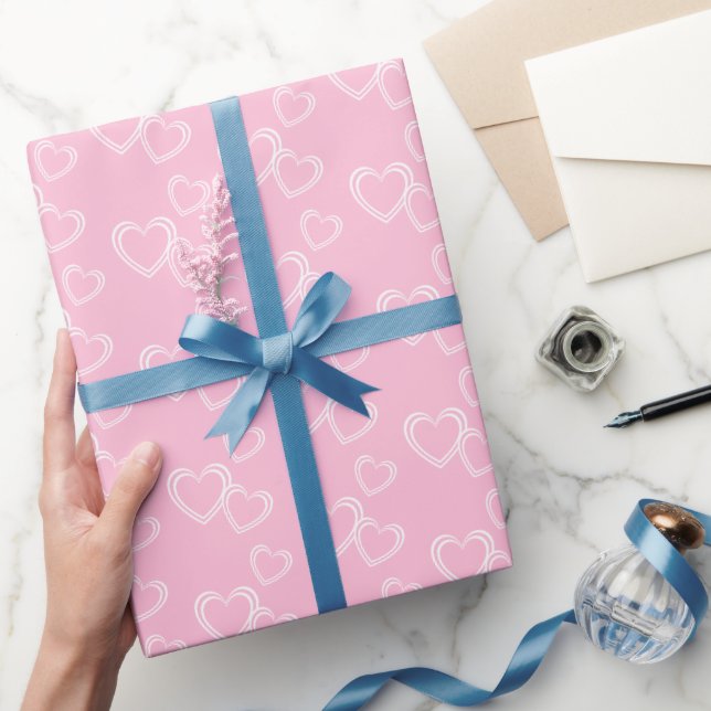 Papier Cadeau Élégant amour Pastel rose, Coeurs blancs Motif d'a (Cadeaux)