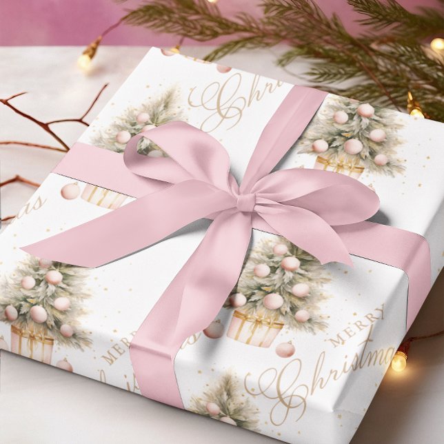 Papier Cadeau Elégant Aquarelle rose doux Joyeux Arbre de Noël (Créateur téléchargé)