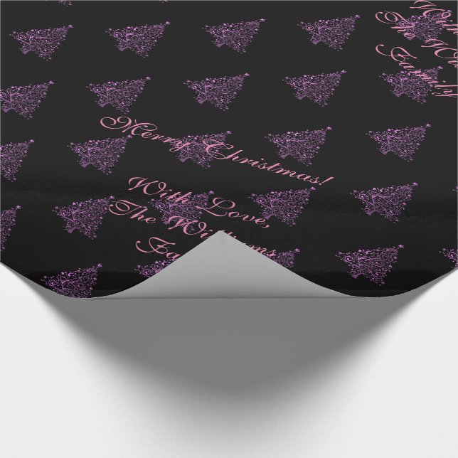 Papier Cadeau Élégant arbre de Noël Motif rayé rose noir (Coin)