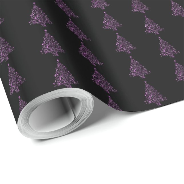 Papier Cadeau Élégant arbre de Noël Motif rayé rose noir (Coin rond)
