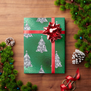 Papier Cadeau Élégant Arbres de Noël en argent vert