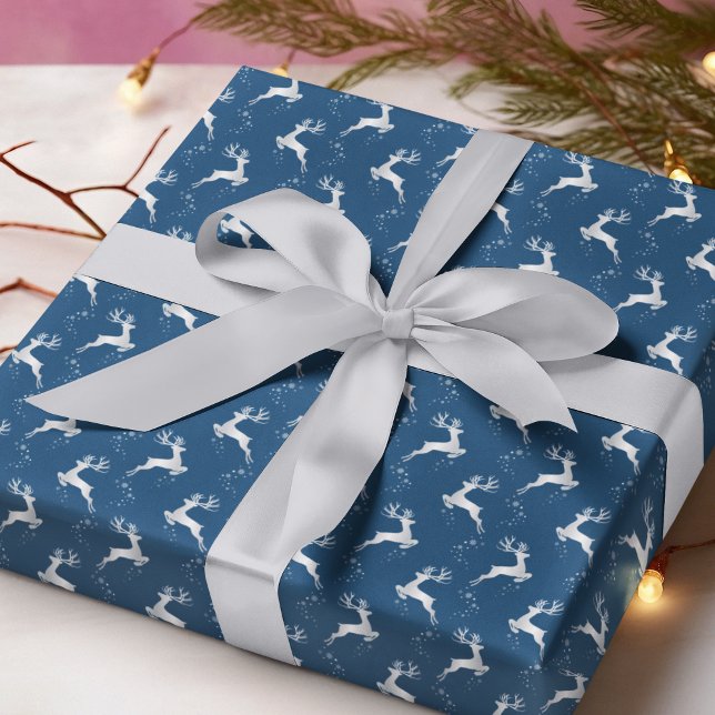 Papier Cadeau Élégant Argent Reindeer Bleu Noël (Créateur téléchargé)
