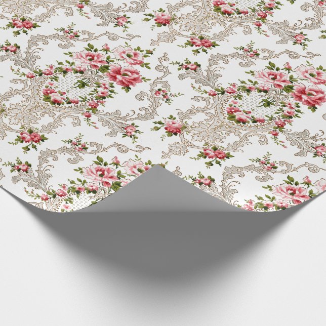 Papier Cadeau Élégant Arrière - plan Floral-Blanc Rococo (Coin)