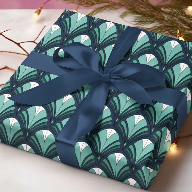Papier Cadeau Elégant Art Déco Bleu Vert Luxe Motif Vintage  (Créateur téléchargé)