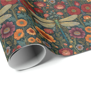 Papier Cadeau Élégant art nouveau automnal floral Libellule