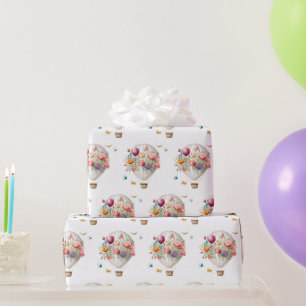Papier Cadeau Élégant ballon à air chaud et fleurs aquarelles