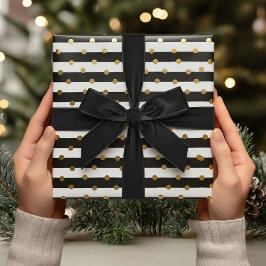 Papier Cadeau Elégant Black Gold Stripes & Dots Cadeau de Noël