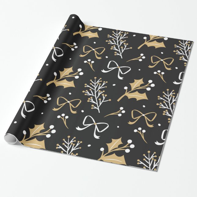 Papier Cadeau Elegant Black Mistletoe et Ribbon Christmas (Déroulé)