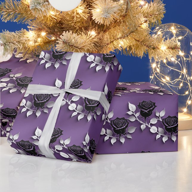Papier Cadeau Elegant Black Roses With Silver Leaves (Vacances)