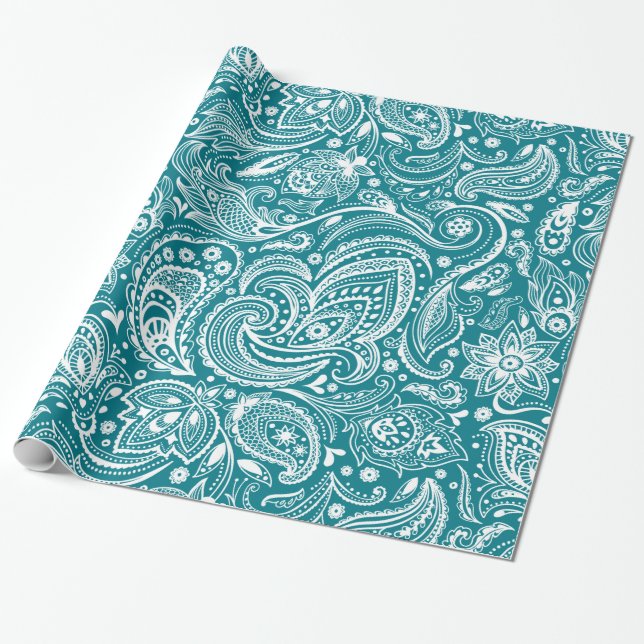 Papier Cadeau Elégant blanc & bleu turquoise bleu floral Paisley (Déroulé)