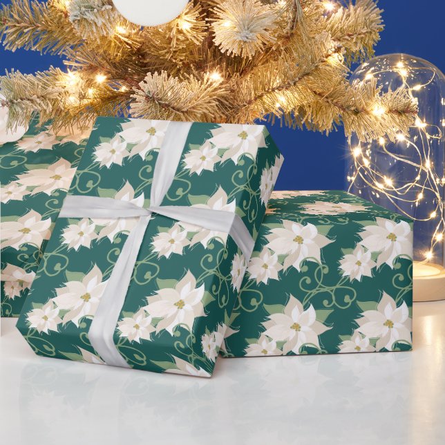 Papier Cadeau Elégant blanc Poinsettia Noël Turquoise (Vacances)