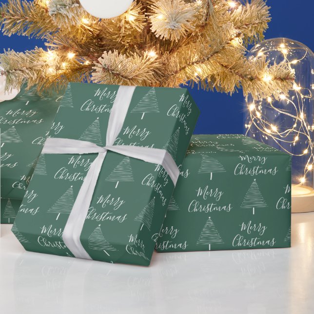 Papier Cadeau Élégant Blanc Vert Noël Arbre Joyeux Noël (Vacances)