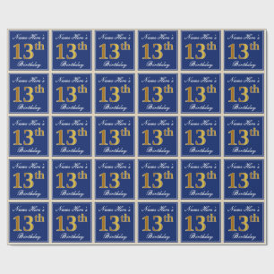 Papier Cadeau Élégant, bleu, anniversaire d'or de Faux 13ème 