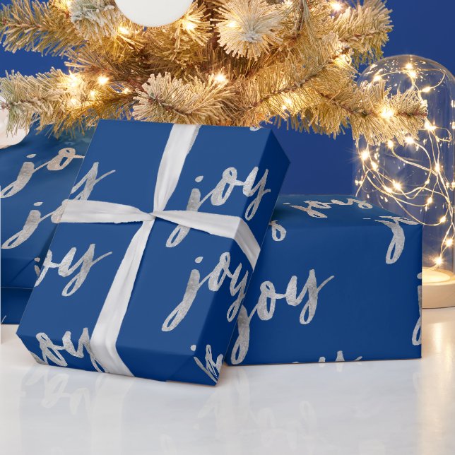 Papier Cadeau Elégant Bleu Argent Joie Calligraphie Noël (Vacances)