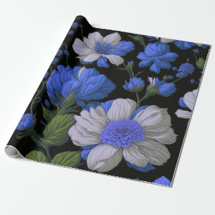 Papier Cadeau Elégant bleu argenté blanc élégant floral rétro