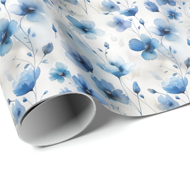 Papier Cadeau Elégant bleu blanc floral argent (Coin rond)