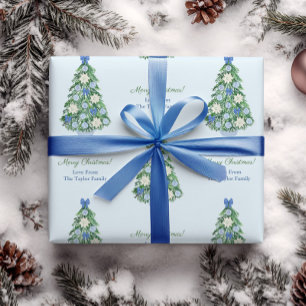 Papier Cadeau Elégant Bleu & Blanc Vacances Arbre Joyeux Noël