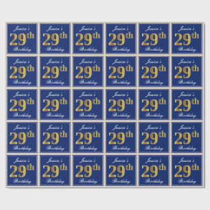 Papier Cadeau Elégant, Bleu, Doré Faux 29e Anniversaire + Nom