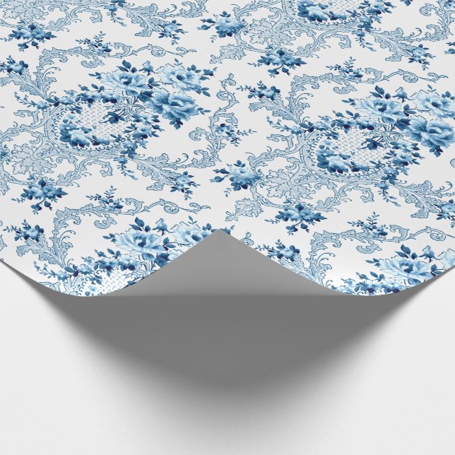 Papier Cadeau Elégant bleu et blanc Rococo Floral (Coin)