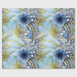 Papier Cadeau Élégant bleu et or floral perlé
