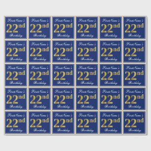 Papier Cadeau Elégant, Bleu, Faux Gold 22e anniversaire + Nom