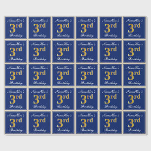 Papier Cadeau Elégant, Bleu, Faux Gold 3ème anniversaire; Nom pe
