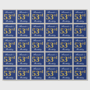 Papier Cadeau Elégant, Bleu, Faux Gold 53e anniversaire + Nom