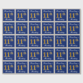 Papier Cadeau Elégant, Bleu, Faux Or 11ème Anniversaire + Nom