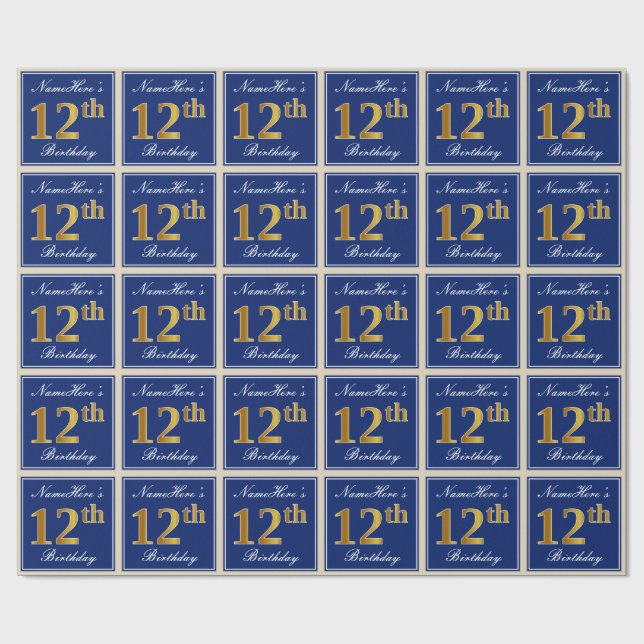 Papier Cadeau Elégant, Bleu, Faux Or 12ème Anniversaire + Nom (Plat)