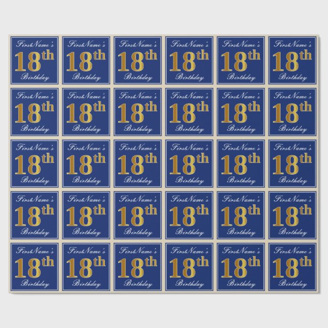 Papier Cadeau Elégant, Bleu, Faux Or 18ème Anniversaire + Nom (Plat)