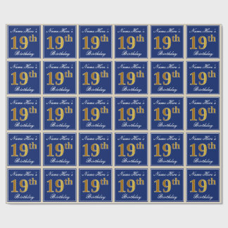 Papier Cadeau Elégant, Bleu, Faux Or 19ème Anniversaire + Nom