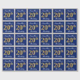 Papier Cadeau Elégant, Bleu, Faux Or 20ème Anniversaire + Nom