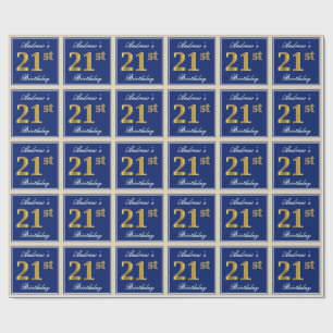 Papier Cadeau Elégant, Bleu, Faux Or 21ème Anniversaire + Nom
