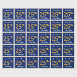 Papier Cadeau Elégant, Bleu, Faux Or 25ème Anniversaire + Nom